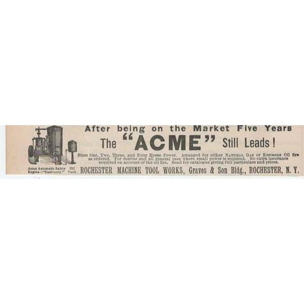 VTG Acme Automatic Safety‎ Oil Engine Stationary Rochester NY - 1892 Print Ad